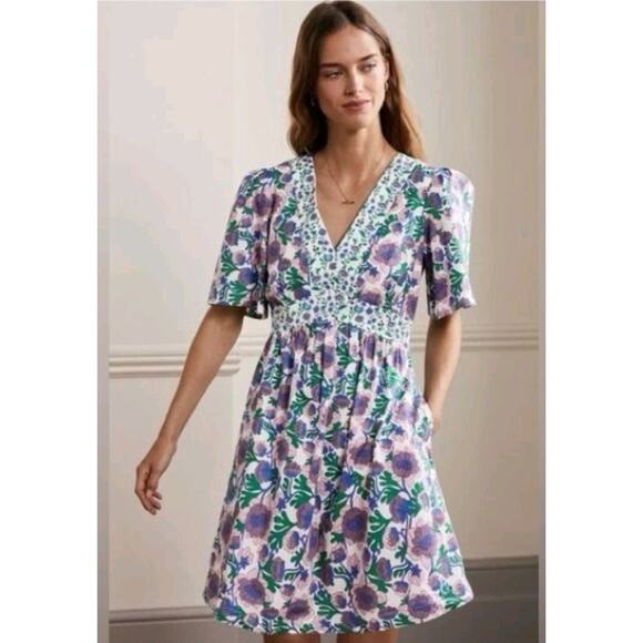Boden V-Neck Floral Contrast Detail Dress Size 8L - Picture 1 of 11